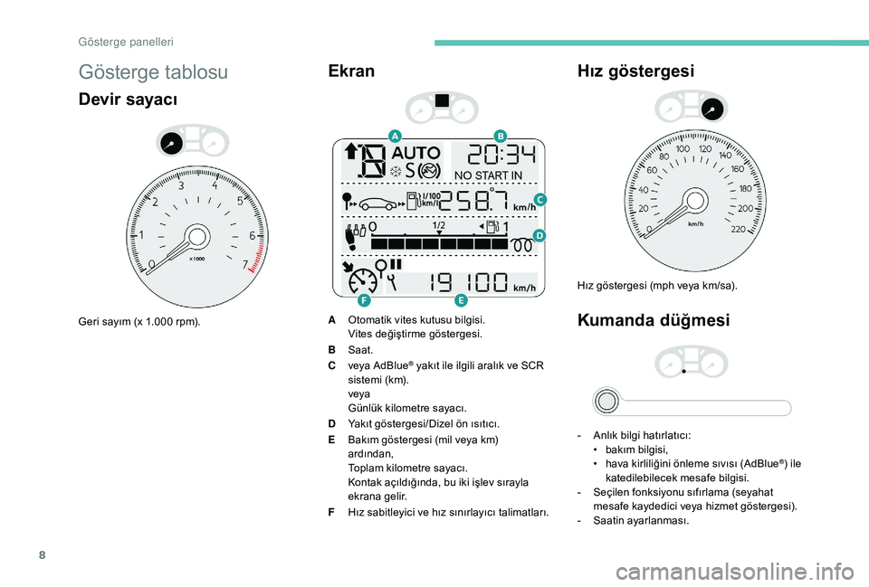 Peugeot 301 2018 Kullanım Kılavuzu (in Turkish) 8
Gösterge tablosu
Devir sayacı
Geri sayım (x 1.000 rpm).
Ekran
AOtomatik vites kutusu bilgisi.
Vites değiştirme göstergesi.
B Saat.
C veya AdBlue
® yakıt ile ilgili aralık ve SCR
sistemi (k Peugeot 301 2018 Kullanım Kılavuzu (in Turkish) 8
Gösterge tablosu
Devir sayacı
Geri sayım (x 1.000 rpm).
Ekran
AOtomatik vites kutusu bilgisi.
Vites değiştirme göstergesi.
B Saat.
C veya AdBlue
® yakıt ile ilgili aralık ve SCR
sistemi (k