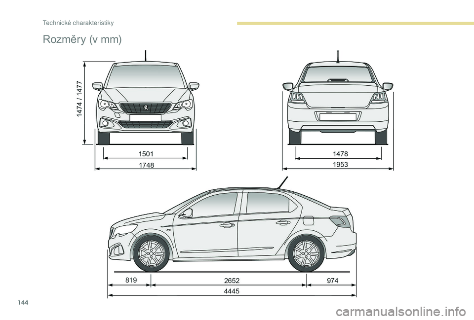 Peugeot 301 2018 Návod k obsluze (in Czech) 144
Rozměry (v mm)
T Peugeot 301 2018 Návod k obsluze (in Czech) 144
Rozměry (v mm)
T
