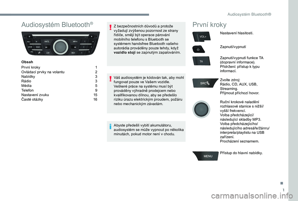Peugeot 301 2018  Návod k obsluze (in Czech) 1
VOL+
TA
Audiosystém Bluetooth®
Obsah
Pr vní kroky 
1
O

vládací pr vky na volantu  
2
N

abídky
 3
R

ádio  
3
M

édia  
5
T

elefon
 9
N

astavení zvuku  
1
 5
Časté otázky
 
1
 6Z
  be