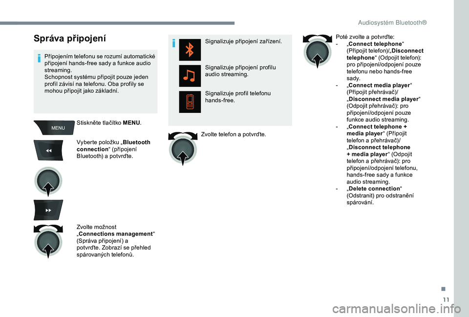 Peugeot 301 2018  Návod k obsluze (in Czech) 11
Správa připojení
Připojením telefonu se rozumí automatické 
připojení hands-free sady a funkce audio 
streaming.
Schopnost systému připojit pouze jeden 
profil závisí na telefonu. Oba 