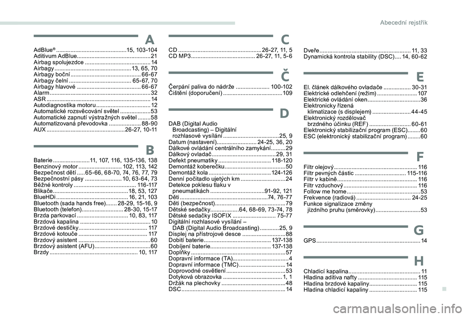 Peugeot 301 2018  Návod k obsluze (in Czech) AAdBlue® ............................................15, 103 -104
Aditivum AdBlue .............................................. 21
A
irbag spolujezdce
 ......................................... 14
A