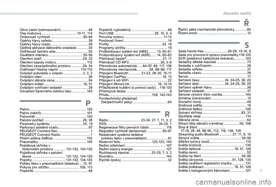 Peugeot 301 2018 Návod k obsluze (in Czech) Okno zadní (odmrazování) .............................46
O lej motorový ............................... ......1 0 -11, 114
Omezovač rychlosti
.................................. 93
-94
Opěr Peugeot 301 2018 Návod k obsluze (in Czech) Okno zadní (odmrazování) .............................46
O lej motorový ............................... ......1 0 -11, 114
Omezovač rychlosti
.................................. 93
-94
Opěr