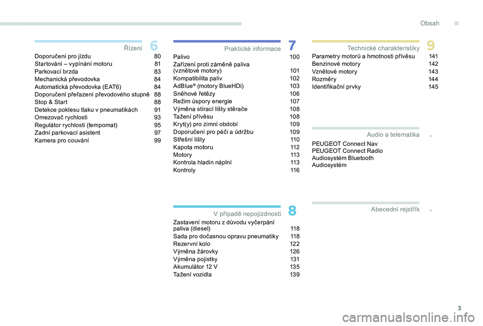 Peugeot 301 2018  Návod k obsluze (in Czech) 3
.
.
Doporučení pro jízdu 80
Startování – vypínání motoru  8 1
Parkovací brzda
 
8
 3
Mechanická převodovka
 
8
 4
Automatická převodovka (EAT6)
 
8
 4
Doporučení přeřazení převo