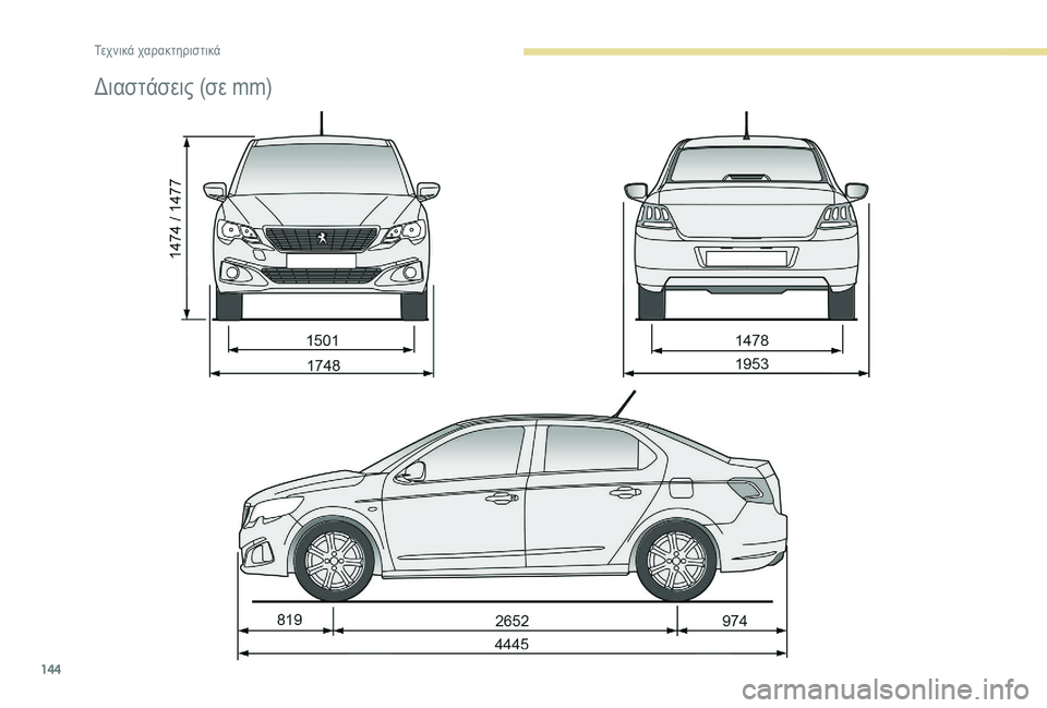Peugeot 301 2018 Εγχειρίδιο χρήσης (in Greek) 144
Διαστάσεις (σε mm)
Τεχνικά χαρακτηριστικά Peugeot 301 2018 Εγχειρίδιο χρήσης (in Greek) 144
Διαστάσεις (σε mm)
Τεχνικά χαρακτηριστικά