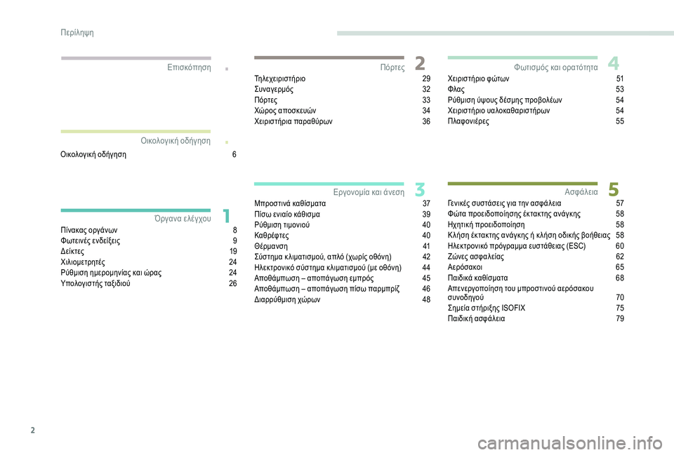 Peugeot 301 2018  Εγχειρίδιο χρήσης (in Greek) 2
.
.
Πίνακας οργάνων 8
Φ ωτεινές ενδείξεις  9
Δε
ίκτες
 1
 9
Χιλιομετρητές
 2

4
Ρύθμιση ημερομηνίας και ώρας
 
2
 4
Υπο