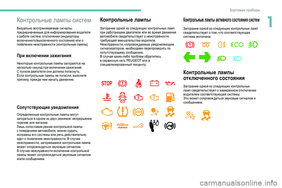 Peugeot 301 2018  Инструкция по эксплуатации (in Russian) 9
Контрольные лампы систем
Визуально воспринимаемые сигналы, 
предназначенные для информирования водителя 
�