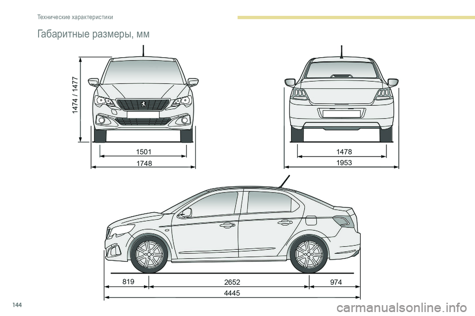 Peugeot 301 2018 Инструкция по эксплуатации (in Russian) 144
Габаритные размеры, мм
Технические характеристики Peugeot 301 2018 Инструкция по эксплуатации (in Russian) 144
Габаритные размеры, мм
Технические характеристики