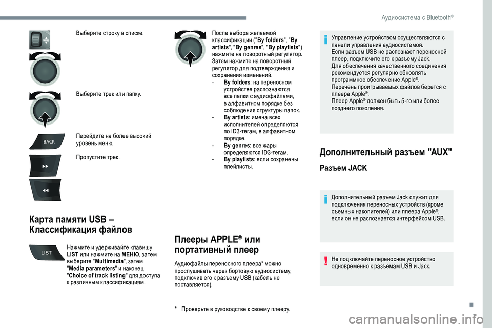Peugeot 301 2018 Инструкция по эксплуатации (in Russian) 7
BACK
Карта памяти USB –
Классификация файлов
После выбора желаемой
к лассификации (" By folders", "By
artists ", Peugeot 301 2018 Инструкция по эксплуатации (in Russian) 7
BACK
Карта памяти USB –
Классификация файлов
После выбора желаемой
к лассификации (" By folders", "By
artists ",