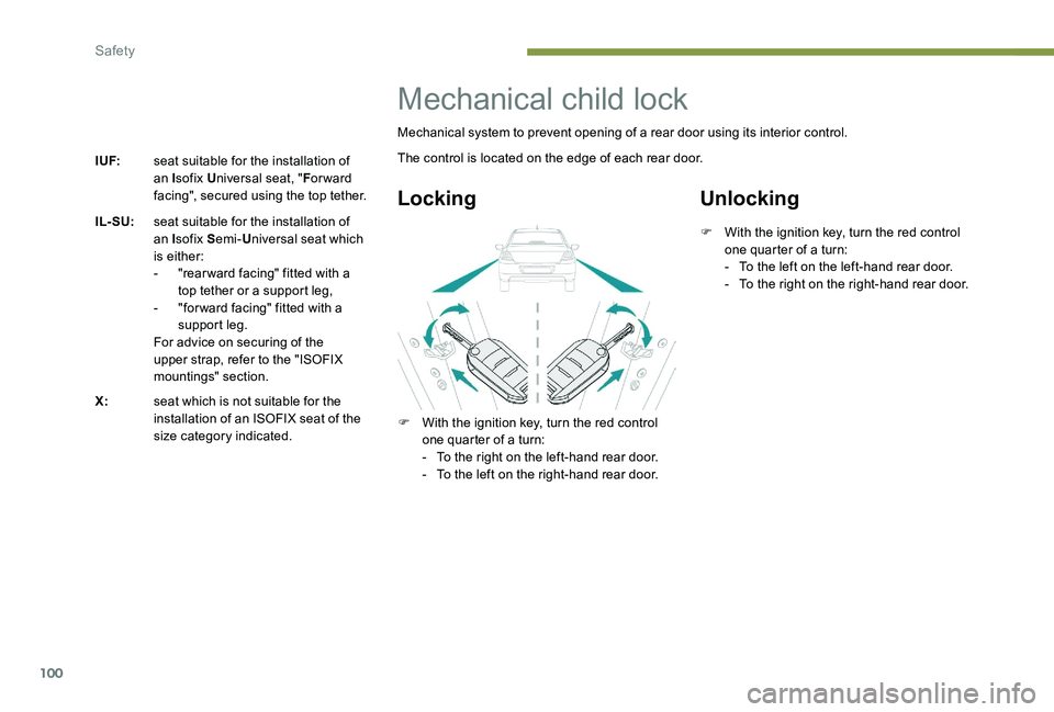 Peugeot 301 2017  Owners Manual 100
I UF:seat suitable for the installation of 
an Isofix U niversal seat, " For ward 
facing", secured using the top tether.
IL- SU: seat suitable for the installation of 
an Isofix S emi-Uni