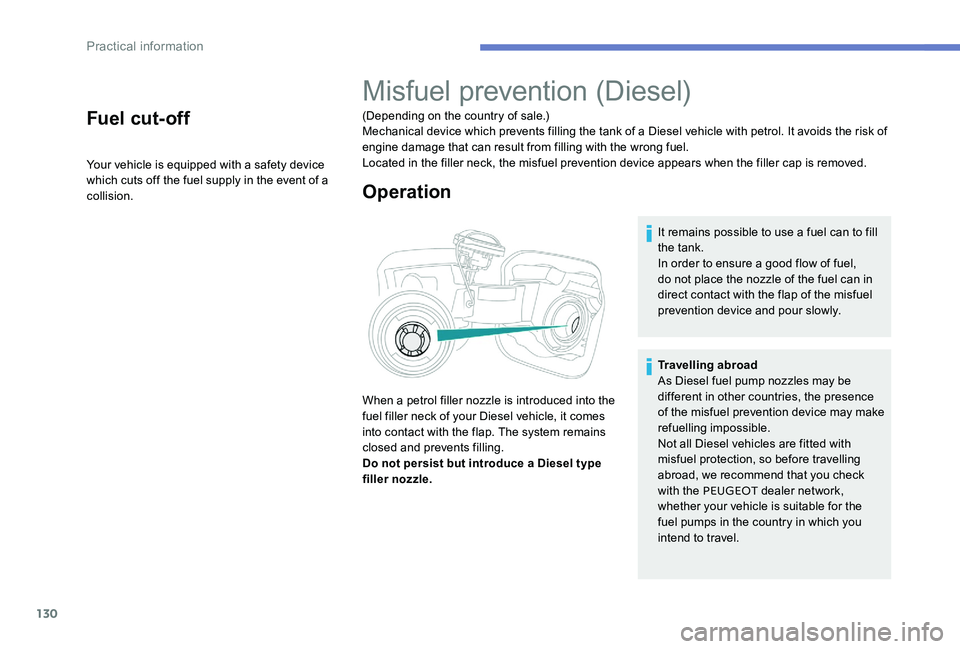 Peugeot 301 2017 Owners Manual 130
Fuel cut- of f
Your vehicle is equipped with a safety device
which cuts off the fuel supply in the event of a
collision.
Misfuel prevention (Diesel)
(Depending on the country of sale.)
Mechanica Peugeot 301 2017 Owners Manual 130
Fuel cut- of f
Your vehicle is equipped with a safety device
which cuts off the fuel supply in the event of a
collision.
Misfuel prevention (Diesel)
(Depending on the country of sale.)
Mechanica