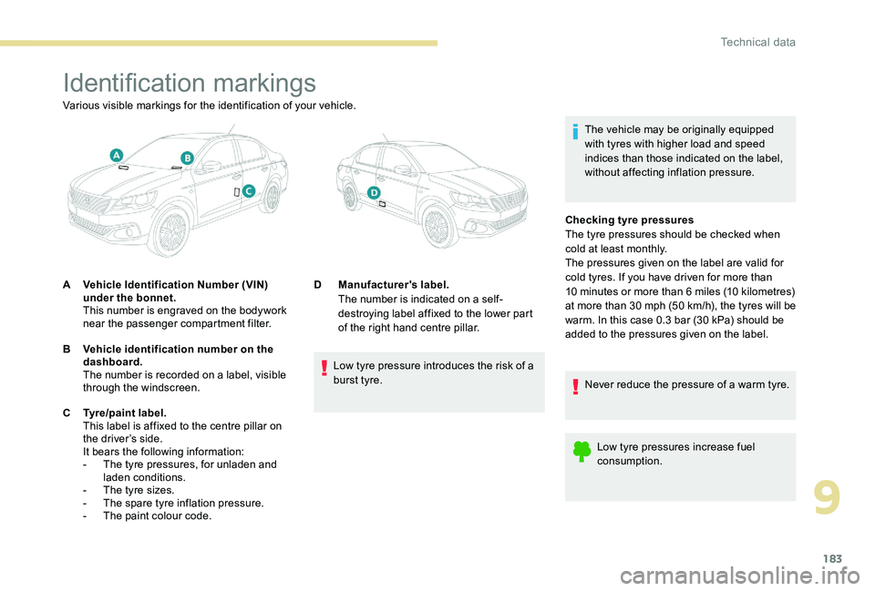 Peugeot 301 2017  Owners Manual 183
Identification markings
The vehicle may be originally equipped 
with tyres with higher load and speed 
indices than those indicated on the label, 
without affecting inflation pressure.
Various vis