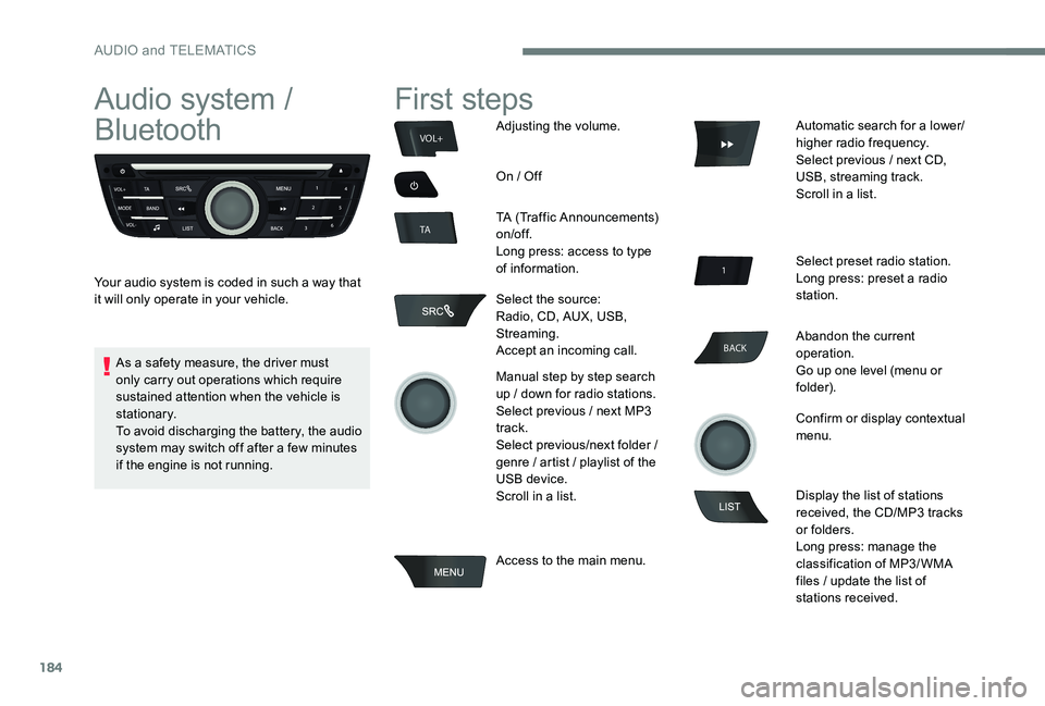 Peugeot 301 2017 Owners Manual 184
BACK
VOL+
TA
Audio system /
Bluetooth
Your audio system is coded in such a way that
it will only operate in your vehicle.
First steps
Adjusting the volume.
On / Off
TA (Traffic Announcements)
o Peugeot 301 2017 Owners Manual 184
BACK
VOL+
TA
Audio system /
Bluetooth
Your audio system is coded in such a way that
it will only operate in your vehicle.
First steps
Adjusting the volume.
On / Off
TA (Traffic Announcements)
o