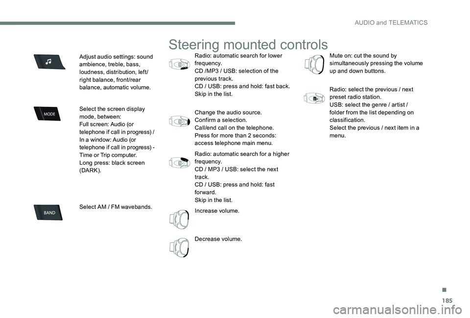 Peugeot 301 2017 Owners Manual 185
Adjust audio settings: sound
ambience, treble, bass,
loudness, distribution, left/
right balance, front/rear
balance, automatic volume.
Select the screen display
mode, between:
Full screen: Au Peugeot 301 2017 Owners Manual 185
Adjust audio settings: sound
ambience, treble, bass,
loudness, distribution, left/
right balance, front/rear
balance, automatic volume.
Select the screen display
mode, between:
Full screen: Au