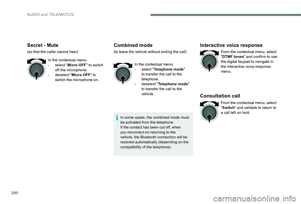 Peugeot 301 2017 Owners Manual 200
Secret - Mute
(so that the caller cannot hear)In the contextual menu:
-
s
elect "Micro OFF " to switch
off the microphone.
-
d
eselect "Micro OFF " to
switch the microphone Peugeot 301 2017 Owners Manual 200
Secret - Mute
(so that the caller cannot hear)In the contextual menu:
-
s
elect "Micro OFF " to switch
off the microphone.
-
d
eselect "Micro OFF " to
switch the microphone