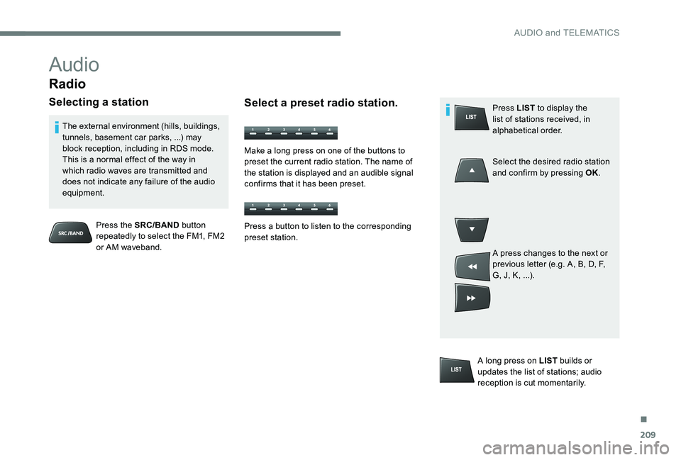 Peugeot 301 2017 Owners Manual 209
Audio
Radio
Selecting a station
Press the SRC/BAND button
repeatedly to select the FM1, FM2
or AM waveband.
The external environment (hills, buildings,
tunnels, basement car parks, ...) may
bl Peugeot 301 2017 Owners Manual 209
Audio
Radio
Selecting a station
Press the SRC/BAND button
repeatedly to select the FM1, FM2
or AM waveband.
The external environment (hills, buildings,
tunnels, basement car parks, ...) may
bl