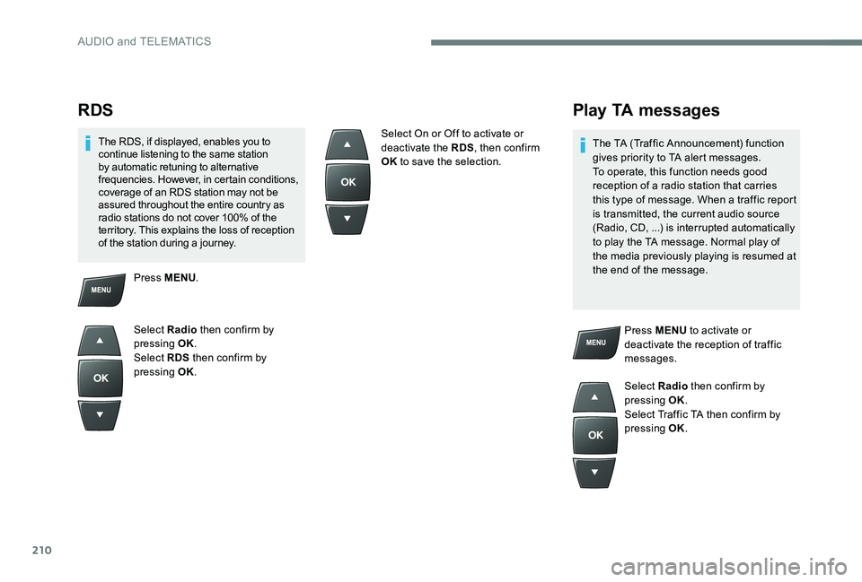 Peugeot 301 2017 Owners Manual 210
RDS
The RDS, if displayed, enables you to
continue listening to the same station
by automatic retuning to alternative
frequencies. However, in certain conditions,
coverage of an RDS station ma Peugeot 301 2017 Owners Manual 210
RDS
The RDS, if displayed, enables you to
continue listening to the same station
by automatic retuning to alternative
frequencies. However, in certain conditions,
coverage of an RDS station ma