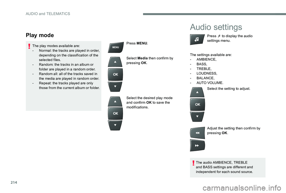 Peugeot 301 2017 Owners Manual 214
Audio settings
The audio AMBIENCE, TREBLE
and BASS settings are different and
independent for each sound source.Press ¯ to display the audio
settings menu.
The settings available are:
-
AMBI Peugeot 301 2017 Owners Manual 214
Audio settings
The audio AMBIENCE, TREBLE
and BASS settings are different and
independent for each sound source.Press ¯ to display the audio
settings menu.
The settings available are:
-
AMBI
