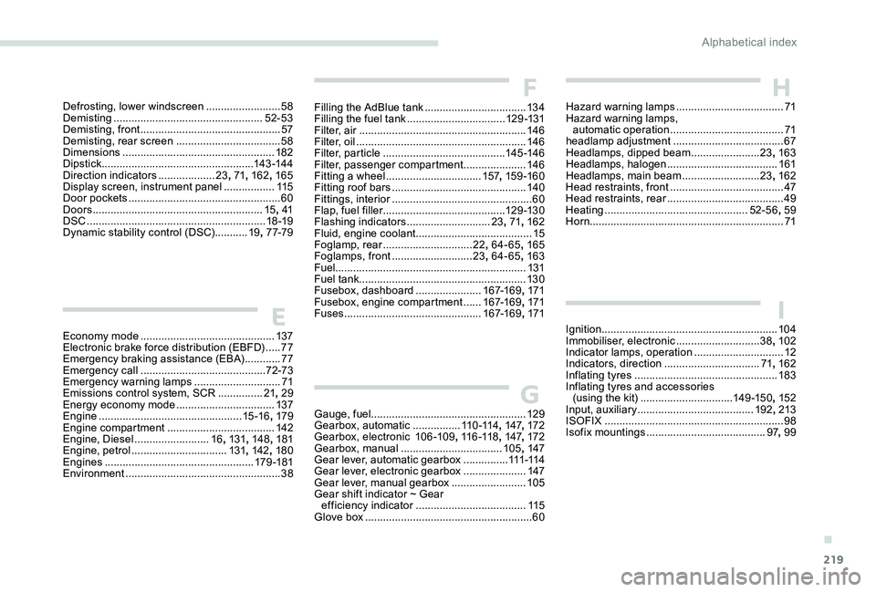 Peugeot 301 2017 Owners Manual 219
Economy mode .............................................13 7
Electronic brake force distribution (EBFD) .....77
Emergency braking assistance (EBA)
............77
Emergency call
.......... Peugeot 301 2017 Owners Manual 219
Economy mode .............................................13 7
Electronic brake force distribution (EBFD) .....77
Emergency braking assistance (EBA)
............77
Emergency call
..........