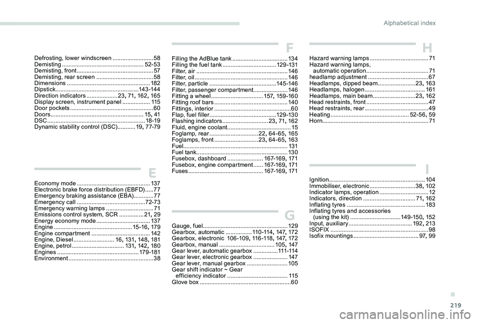 Peugeot 301 2017  Owners Manual 219
Economy mode .............................................13 7
Electronic brake force distribution (EBFD)  .....77
Emergency braking assistance (EBA)
 

............77
Emergency call
 

..........