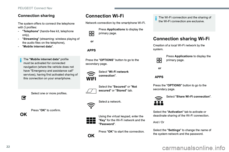 Peugeot 301 2017 Owners Manual 22
Connection sharing
The system offers to connect the telephone
with 3 profiles:
- "Telephone " (hands-free kit, telephone
only),
-
"Streaming " (streaming: wireless playing of
Peugeot 301 2017 Owners Manual 22
Connection sharing
The system offers to connect the telephone
with 3 profiles:
- "Telephone " (hands-free kit, telephone
only),
-
"Streaming " (streaming: wireless playing of