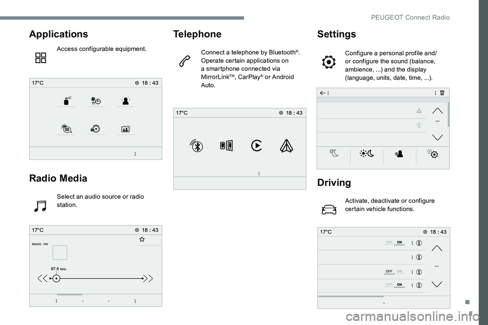 Peugeot 301 2017  Owners Manual 5
Applications
Access configurable equipment.
Radio Media
Select an audio source or radio 
station.
Telephone
Connect a telephone by Bluetooth®.
Operate certain applications on 
a smartphone connecte