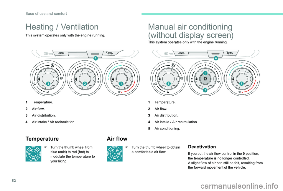 Peugeot 301 2017  Owners Manual 52
Heating / Ventilation
This system operates only with the engine running.
1Temperature.
2 A ir f low.
3 Air distribution.
4 Air intake / Air recirculation
Manual air conditioning 
(without display s