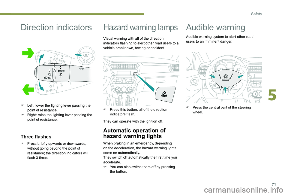 Peugeot 301 2017 Manual PDF 71
Direction indicators
F Left: lower the lighting lever passing the point of resistance.
F
 
R
 ight: raise the lighting lever passing the 
point of resistance.
Three flashes
F Press briefly upwards 