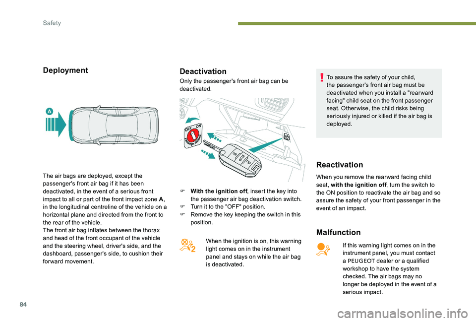 Peugeot 301 2017 Manual Online 84
DeploymentDeactivation
Malfunction
If this warning light comes on in the
instrument panel, you must contact
a PEUGEOT dealer or a qualified
workshop to have the system
checked. The air bags may Peugeot 301 2017 Manual Online 84
DeploymentDeactivation
Malfunction
If this warning light comes on in the
instrument panel, you must contact
a PEUGEOT dealer or a qualified
workshop to have the system
checked. The air bags may