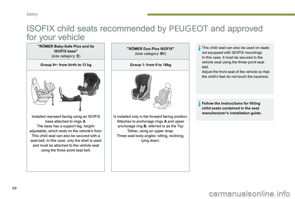 Peugeot 301 2017 Owners Manual 98
ISOFIX child seats recommended by PEUGEOT and approved
for your vehicle
"RÖMER Baby- Safe Plus and its
ISOFIX base"
(size category: E )
Group 0+: from bir th to 13 kg
Installed rearward Peugeot 301 2017 Owners Manual 98
ISOFIX child seats recommended by PEUGEOT and approved
for your vehicle
"RÖMER Baby- Safe Plus and its
ISOFIX base"
(size category: E )
Group 0+: from bir th to 13 kg
Installed rearward