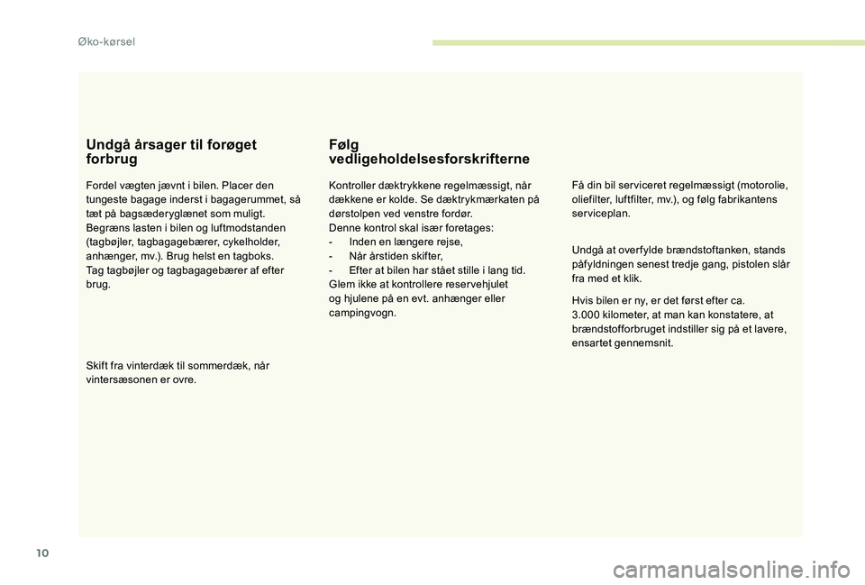 Peugeot 301 2017  Instruktionsbog (in Danish) 10
Undgå årsager til forøget 
forbrug
Fordel vægten jævnt i bilen. Placer den 
tungeste bagage inderst i bagagerummet, så 
tæt på bagsæderyglænet som muligt.
Begræns lasten i bilen og luftm