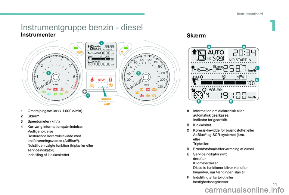 Peugeot 301 2017 Instruktionsbog (in Danish) 11
Instrumentgruppe benzin - diesel
Instrumenter
1Omdrejningstæller (x 1.000 o/min).
2 Skærm
3 Speedometer (km/t)
4 Kortvarig informationspåmindelse:
Vedligeholdelse
Resterende kørerækkevidde med Peugeot 301 2017 Instruktionsbog (in Danish) 11
Instrumentgruppe benzin - diesel
Instrumenter
1Omdrejningstæller (x 1.000 o/min).
2 Skærm
3 Speedometer (km/t)
4 Kortvarig informationspåmindelse:
Vedligeholdelse
Resterende kørerækkevidde med
