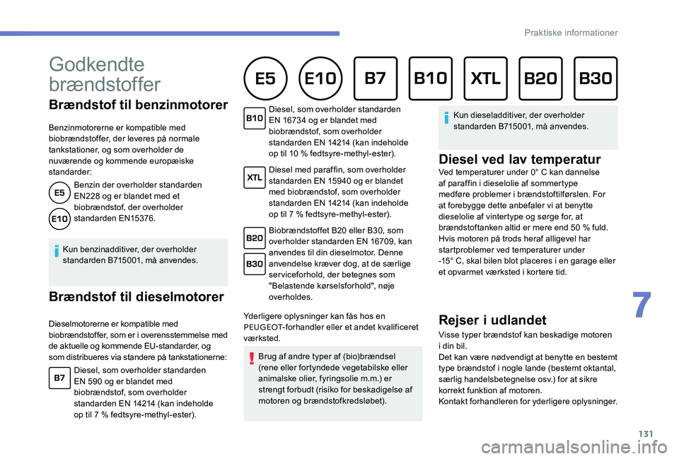Peugeot 301 2017 Instruktionsbog (in Danish) 131
Brændstof til benzinmotorer
Benzinmotorerne er kompatible med
biobrændstoffer, der leveres på normale
tankstationer, og som overholder de
nuværende og kommende europæiske
standarder:Benzi Peugeot 301 2017 Instruktionsbog (in Danish) 131
Brændstof til benzinmotorer
Benzinmotorerne er kompatible med
biobrændstoffer, der leveres på normale
tankstationer, og som overholder de
nuværende og kommende europæiske
standarder:Benzi