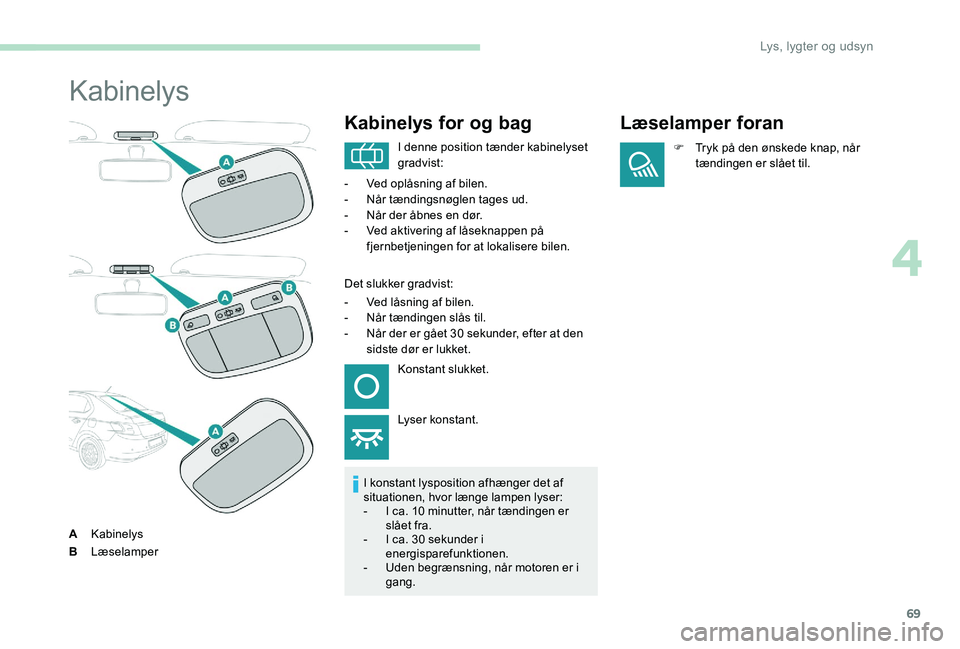 Peugeot 301 2017 Instruktionsbog (in Danish) 69
Kabinelys
AKabinelys
B Læselamper
Kabinelys for og bag
I konstant lysposition afhænger det af
situationen, hvor længe lampen lyser:
-
I c
a. 10 minutter, når tændingen er
slået fra.
-
Peugeot 301 2017 Instruktionsbog (in Danish) 69
Kabinelys
AKabinelys
B Læselamper
Kabinelys for og bag
I konstant lysposition afhænger det af
situationen, hvor længe lampen lyser:
-
I c
a. 10 minutter, når tændingen er
slået fra.
-