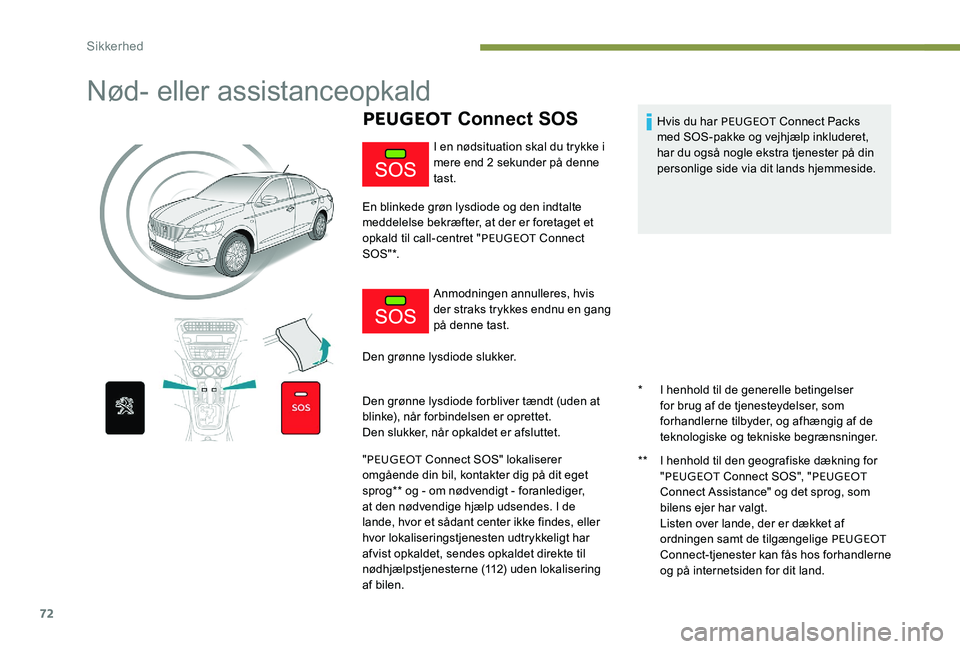 Peugeot 301 2017 Instruktionsbog (in Danish) 72
Nød- eller assistanceopkald
PEUGEOT Connect SOS
* I henhold til de generelle betingelser
for brug af de tjenesteydelser, som
forhandlerne tilbyder, og afhængig af de
teknologiske og tekniske b Peugeot 301 2017 Instruktionsbog (in Danish) 72
Nød- eller assistanceopkald
PEUGEOT Connect SOS
* I henhold til de generelle betingelser
for brug af de tjenesteydelser, som
forhandlerne tilbyder, og afhængig af de
teknologiske og tekniske b