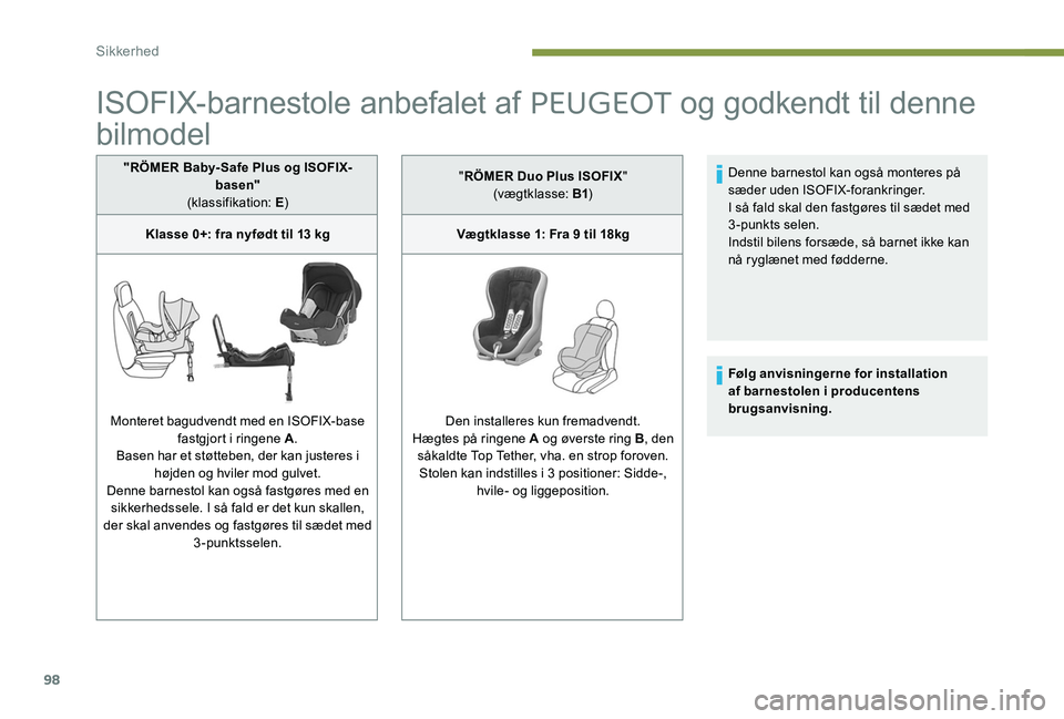 Peugeot 301 2017 Instruktionsbog (in Danish) 98
ISOFIX-barnestole anbefalet af PEUGEOT og godkendt til denne
bilmodel
"RÖMER Baby- Safe Plus og ISOFIX-
basen"
(klassifikation: E )
Klasse 0+: fra nyfødt til 13 kg
Monteret bagudvendt me Peugeot 301 2017 Instruktionsbog (in Danish) 98
ISOFIX-barnestole anbefalet af PEUGEOT og godkendt til denne
bilmodel
"RÖMER Baby- Safe Plus og ISOFIX-
basen"
(klassifikation: E )
Klasse 0+: fra nyfødt til 13 kg
Monteret bagudvendt me