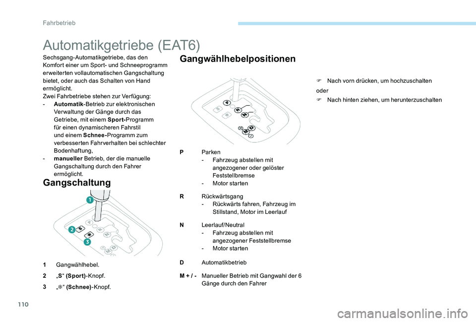Peugeot 301 2017 Betriebsanleitung (in German) 110
Automatikgetriebe (EAT6)
Sechsgang-Automatikgetriebe, das den
Komfort einer um Sport- und Schneeprogramm
erweiterten vollautomatischen Gangschaltung
bietet, oder auch das Schalten von Hand
erm Peugeot 301 2017 Betriebsanleitung (in German) 110
Automatikgetriebe (EAT6)
Sechsgang-Automatikgetriebe, das den
Komfort einer um Sport- und Schneeprogramm
erweiterten vollautomatischen Gangschaltung
bietet, oder auch das Schalten von Hand
erm