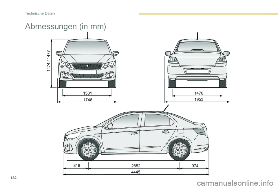 Peugeot 301 2017  Betriebsanleitung (in German) 182
Abmessungen (in mm) 
Technische Daten  