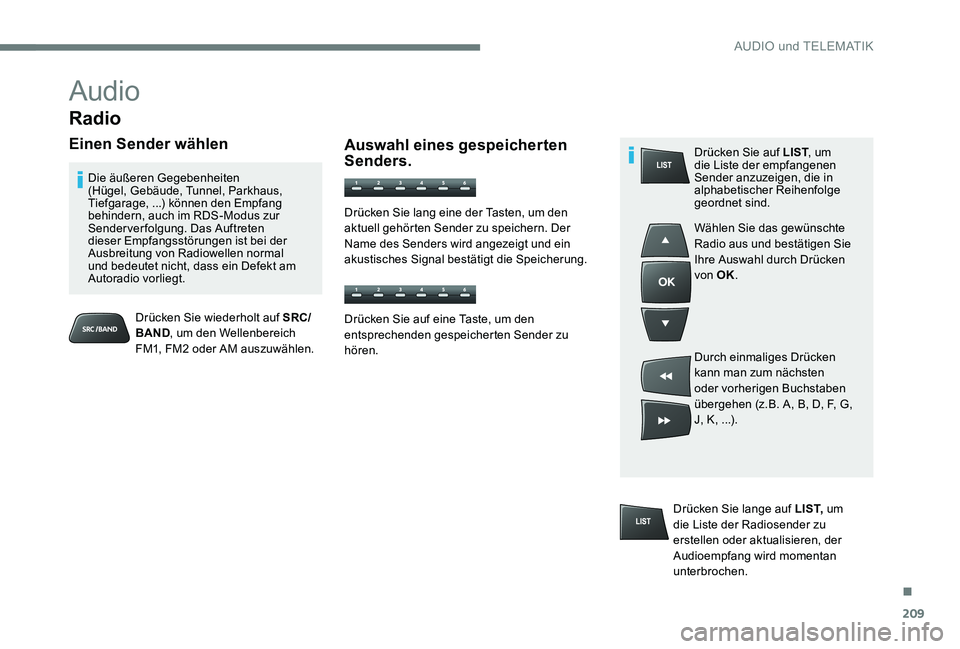 Peugeot 301 2017 Betriebsanleitung (in German) 209
Audio
Radio
Einen Sender wählen
Drücken Sie wiederholt auf SRC/
BAND, um den Wellenbereich
FM1, FM2 oder AM auszuwählen.
Die äußeren Gegebenheiten
(Hügel, Gebäude, Tunnel, Parkhaus,
Tie Peugeot 301 2017 Betriebsanleitung (in German) 209
Audio
Radio
Einen Sender wählen
Drücken Sie wiederholt auf SRC/
BAND, um den Wellenbereich
FM1, FM2 oder AM auszuwählen.
Die äußeren Gegebenheiten
(Hügel, Gebäude, Tunnel, Parkhaus,
Tie