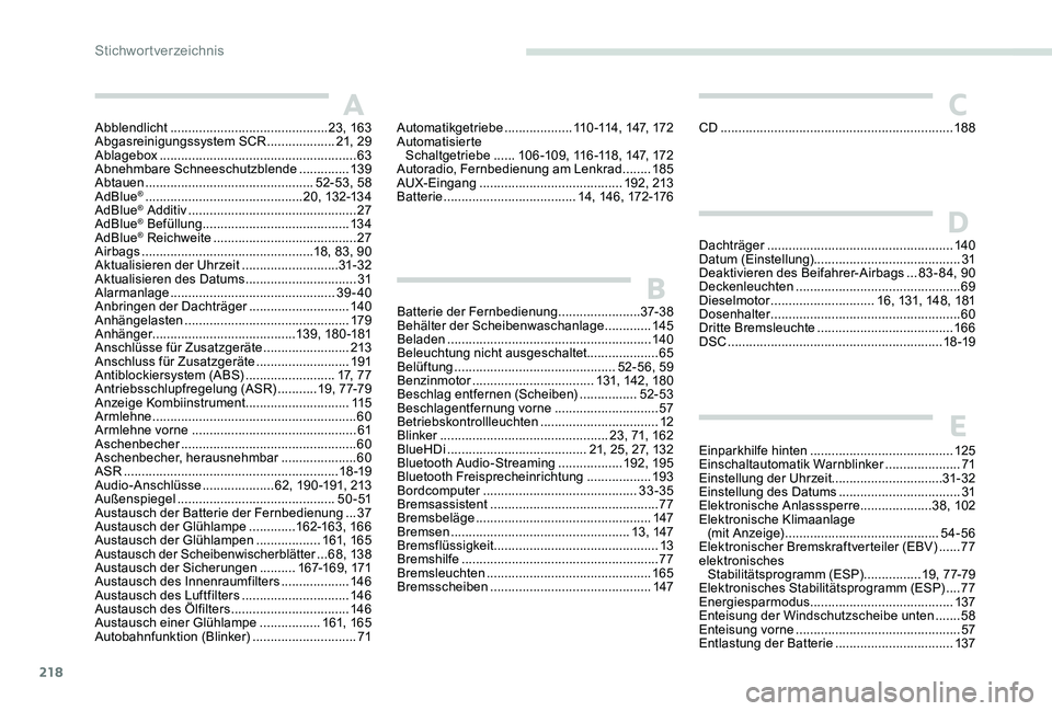 Peugeot 301 2017  Betriebsanleitung (in German) 218
Abblendlicht ............................................ 23, 163
Abgasreinigungssystem SCR  ...................21, 29
Ablagebox
 

....................................................... 63
Abneh