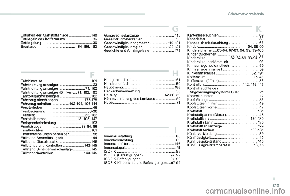 Peugeot 301 2017 Betriebsanleitung (in German) 219
Fahrhinweise .................................................101
Fahrtrichtungsanzeiger ...................................23
Fahrtrichtungsanzeiger
..........................71, 16 2
Fahrtri Peugeot 301 2017 Betriebsanleitung (in German) 219
Fahrhinweise .................................................101
Fahrtrichtungsanzeiger ...................................23
Fahrtrichtungsanzeiger
..........................71, 16 2
Fahrtri