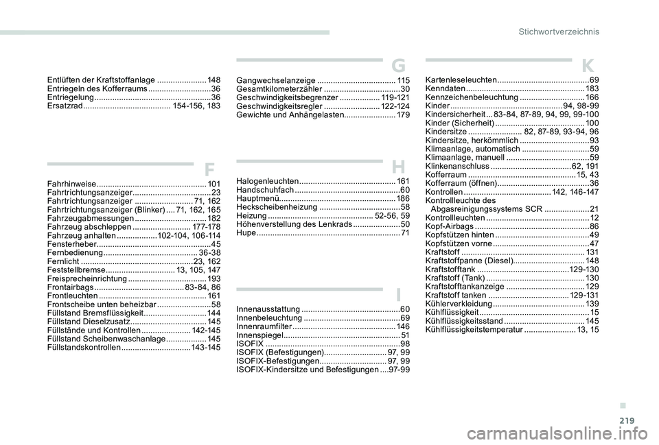 Peugeot 301 2017  Betriebsanleitung (in German) 219
Fahrhinweise .................................................101
Fahrtrichtungsanzeiger  ...................................23
Fahrtrichtungsanzeiger 
  ..........................71, 16 2
Fahrtri