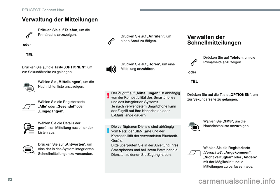 Peugeot 301 2017  Betriebsanleitung (in German) 32
Verwaltung der Mitteilungen
 oder Drücken Sie auf Telefon
, um die 
Primärseite anzuzeigen.
Drücken Sie auf die Taste „ OPTIONEN“, um 
zur Sekundärseite zu gelangen.
Wählen Sie „ Mitteil