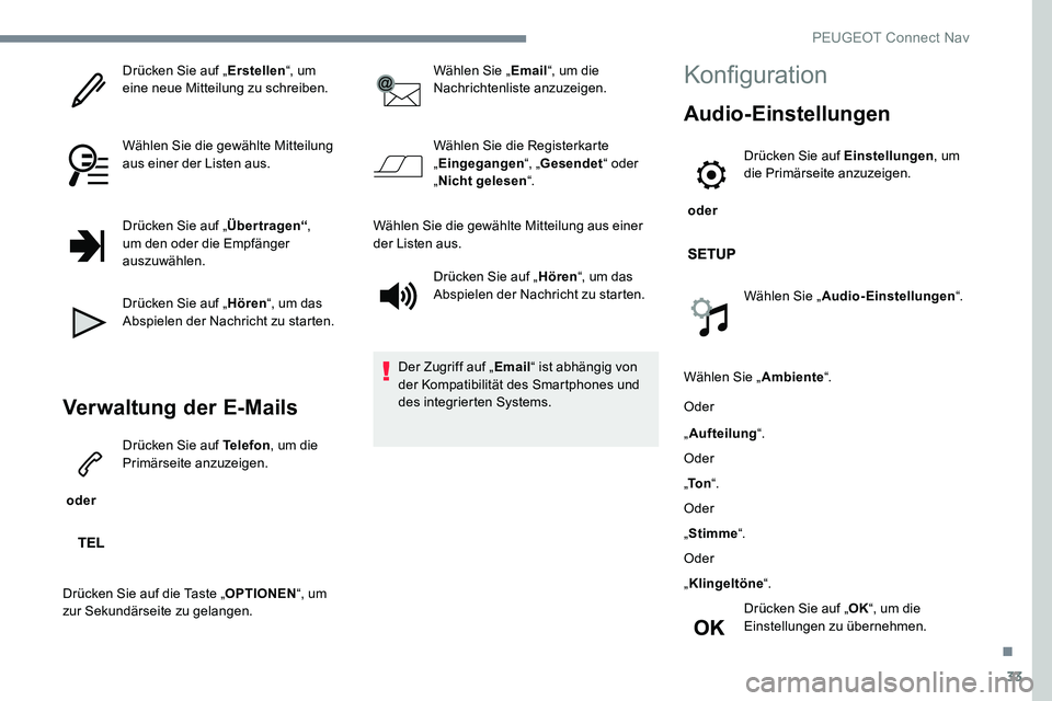 Peugeot 301 2017  Betriebsanleitung (in German) 33
Drücken Sie auf „Erstellen“, um 
eine neue Mitteilung zu schreiben.
Wählen Sie die gewählte Mitteilung 
aus einer der Listen aus.
Drücken Sie auf „ Übertragen“, 
um den oder die Empfä