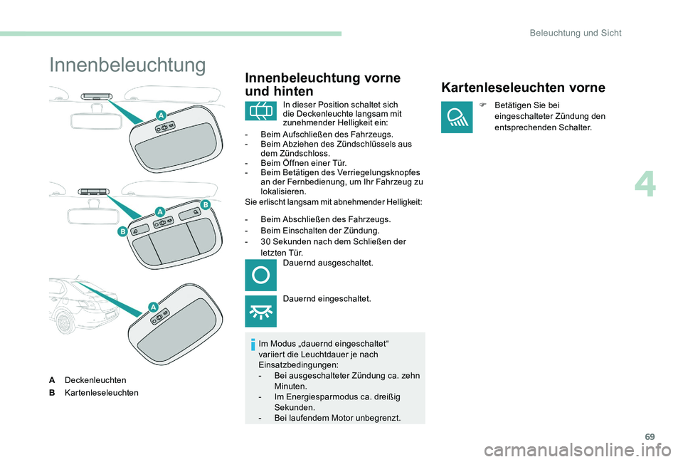 Peugeot 301 2017  Betriebsanleitung (in German) 69
Innenbeleuchtung
ADeckenleuchten
B Kartenleseleuchten
Innenbeleuchtung vorne 
und hinten
Im Modus „dauernd eingeschaltet“ 
variiert die Leuchtdauer je nach 
Einsatzbedingungen:
-
 
B
 ei ausges