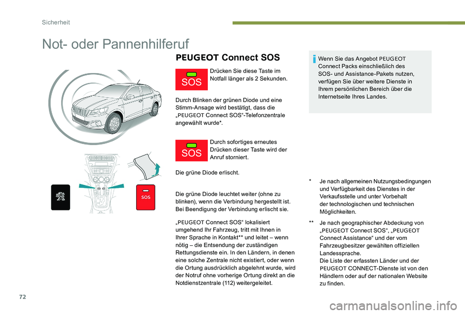 Peugeot 301 2017 Betriebsanleitung (in German) 72
Not- oder Pannenhilferuf
PEUGEOT Connect SOS
* Je nach allgemeinen Nutzungsbedingungen
und Verfügbarkeit des Dienstes in der
Verkaufsstelle und unter Vorbehalt
der technologischen und technisch Peugeot 301 2017 Betriebsanleitung (in German) 72
Not- oder Pannenhilferuf
PEUGEOT Connect SOS
* Je nach allgemeinen Nutzungsbedingungen
und Verfügbarkeit des Dienstes in der
Verkaufsstelle und unter Vorbehalt
der technologischen und technisch