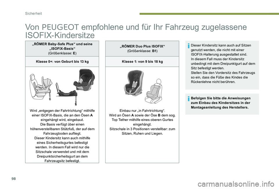 Peugeot 301 2017 Betriebsanleitung (in German) 98
Von PEUGEOT empfohlene und für Ihr Fahrzeug zugelassene
ISOFIX-Kindersitze
„RÖMER Baby- Safe Plus“ und seine
„ISOFIX-Basis“
(Größenklasse: E )
Klasse 0+: von Gebur t bis 13 kg
Wird Peugeot 301 2017 Betriebsanleitung (in German) 98
Von PEUGEOT empfohlene und für Ihr Fahrzeug zugelassene
ISOFIX-Kindersitze
„RÖMER Baby- Safe Plus“ und seine
„ISOFIX-Basis“
(Größenklasse: E )
Klasse 0+: von Gebur t bis 13 kg
Wird