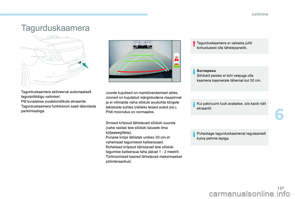 Peugeot 301 2017 Omaniku käsiraamat (in Estonian) 127
Tagurduskaamera
Tagurduskaamera aktiveerub automaatselt
tagurpidikäigu valimisel.
Pilt kuvatakse puutetundlikule ekraanile.
Tagurduskaamera funktsiooni saab täiendada
parkimisabiga.Joonte kuju Peugeot 301 2017 Omaniku käsiraamat (in Estonian) 127
Tagurduskaamera
Tagurduskaamera aktiveerub automaatselt
tagurpidikäigu valimisel.
Pilt kuvatakse puutetundlikule ekraanile.
Tagurduskaamera funktsiooni saab täiendada
parkimisabiga.Joonte kuju
