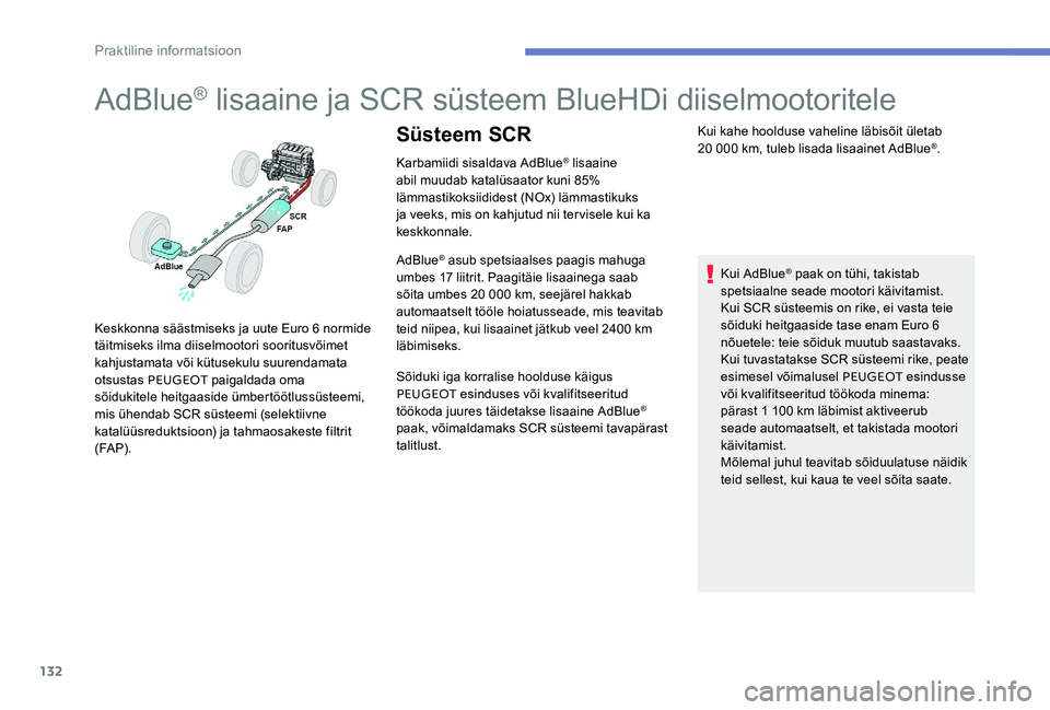 Peugeot 301 2017  Omaniku käsiraamat (in Estonian) 132
AdBlue® lisaaine ja SCR süsteem BlueHDi diiselmootoritele
Karbamiidi sisaldava AdBlue® lisaaine 
abil muudab katalüsaator kuni 85% 
lämmastikoksiididest (NOx) lämmastikuks 
ja veeks, mis on 