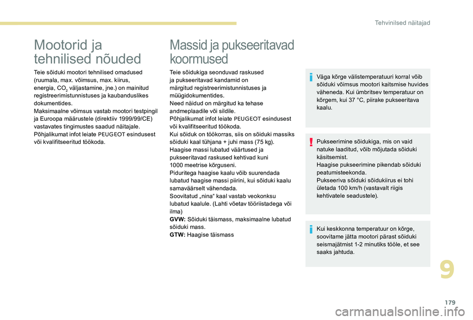 Peugeot 301 2017  Omaniku käsiraamat (in Estonian) 179
Mootorid ja 
tehnilised nõuded
Teie sõiduki mootori tehnilised omadused 
(ruumala, max. võimsus, max. kiirus, 
energia, CO
2 väljastamine, jne.) on mainitud 
registreerimistunnistuses ja kauba