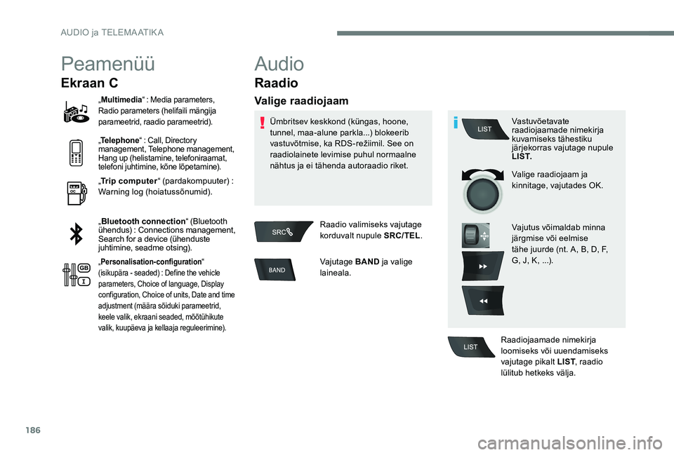 Peugeot 301 2017  Omaniku käsiraamat (in Estonian) 186
Peamenüü
Ekraan C
„Multimedia “ : Media parameters, 
Radio parameters (helifaili mängija 
parameetrid, raadio parameetrid).
„ Telephone“ : Call, Directory 
management, Telephone managem